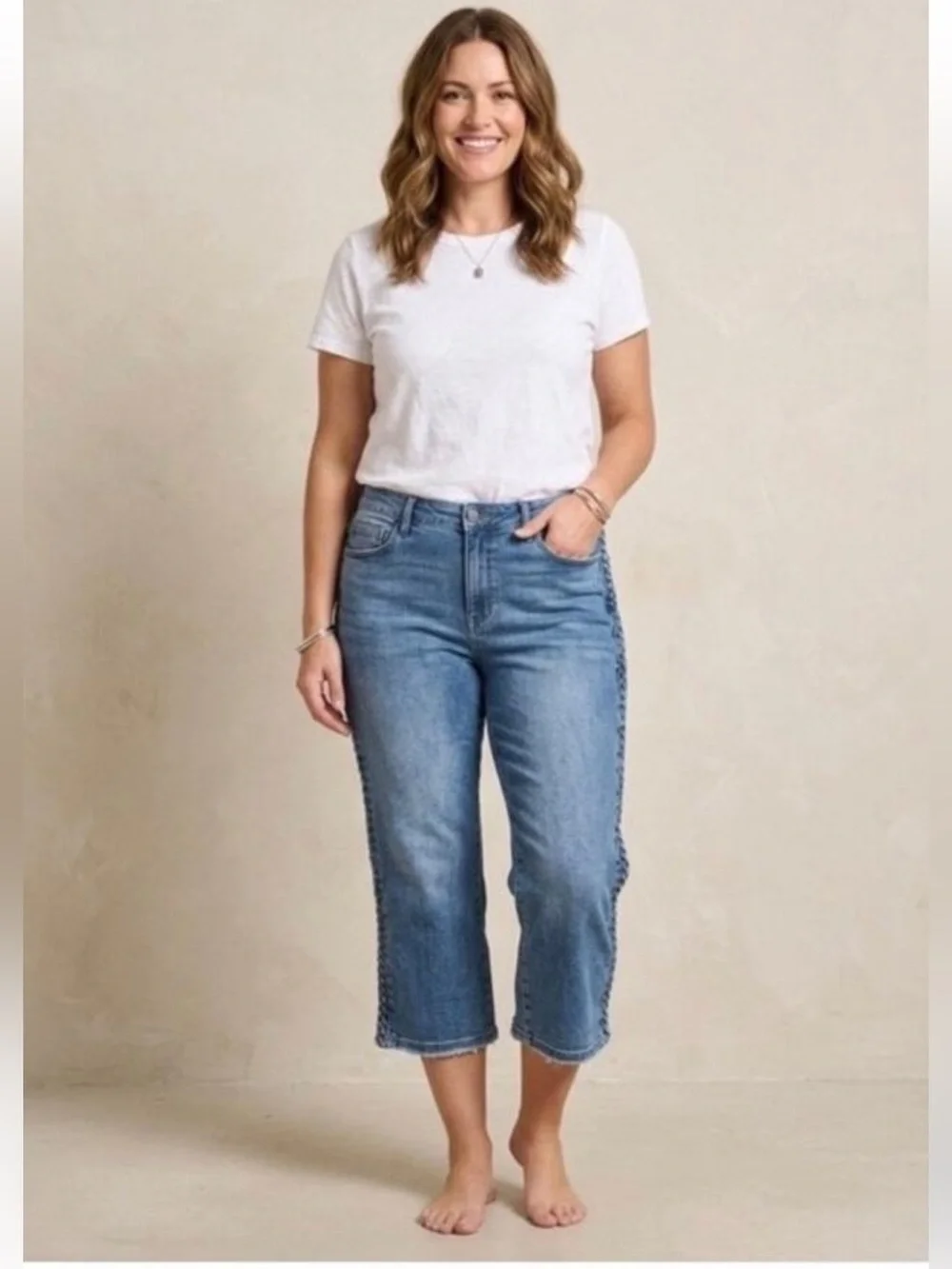 Judy Blue Cropped Wide Leg Jeans with Side Braid Detail